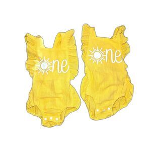 Yellow "One" First Year Twin Photo Onesies